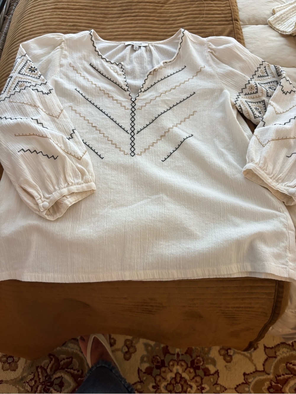 Madewell Ivory Peasant Top with Black & Gold Stitching